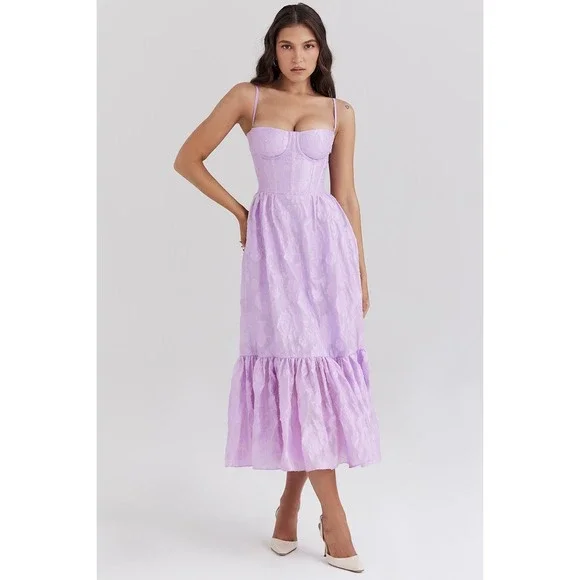 House of CB NWT Mira Orchid Floral Jacquard Tiered Lilac Midi Dress Size XS - Picture 3 of 12